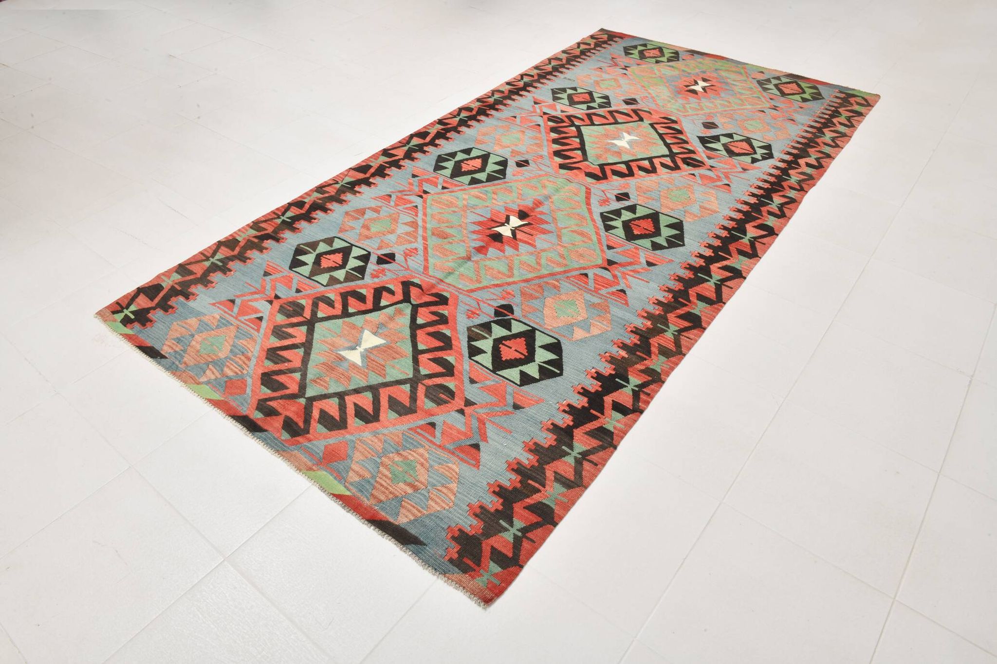Kilim vintage anatolien tons bleu, vert et rouge géométrique, 160x317 Cm
