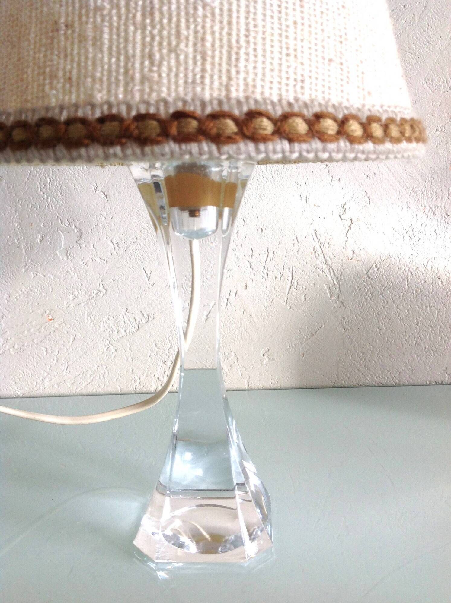 Bedside lamp with glass base and beige fabric lampshade / vintage 60s-70s