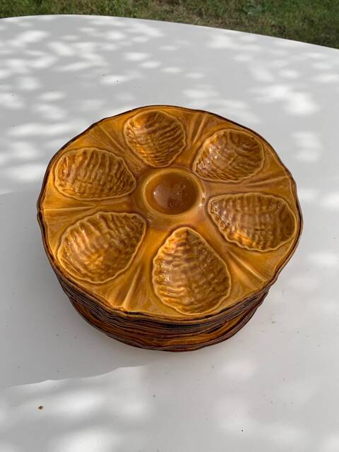 6 oyster plates, for 6 oysters, vintage glazed ceramic slip