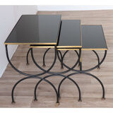 Vintage nesting tables in metal and black opaline glass 1950