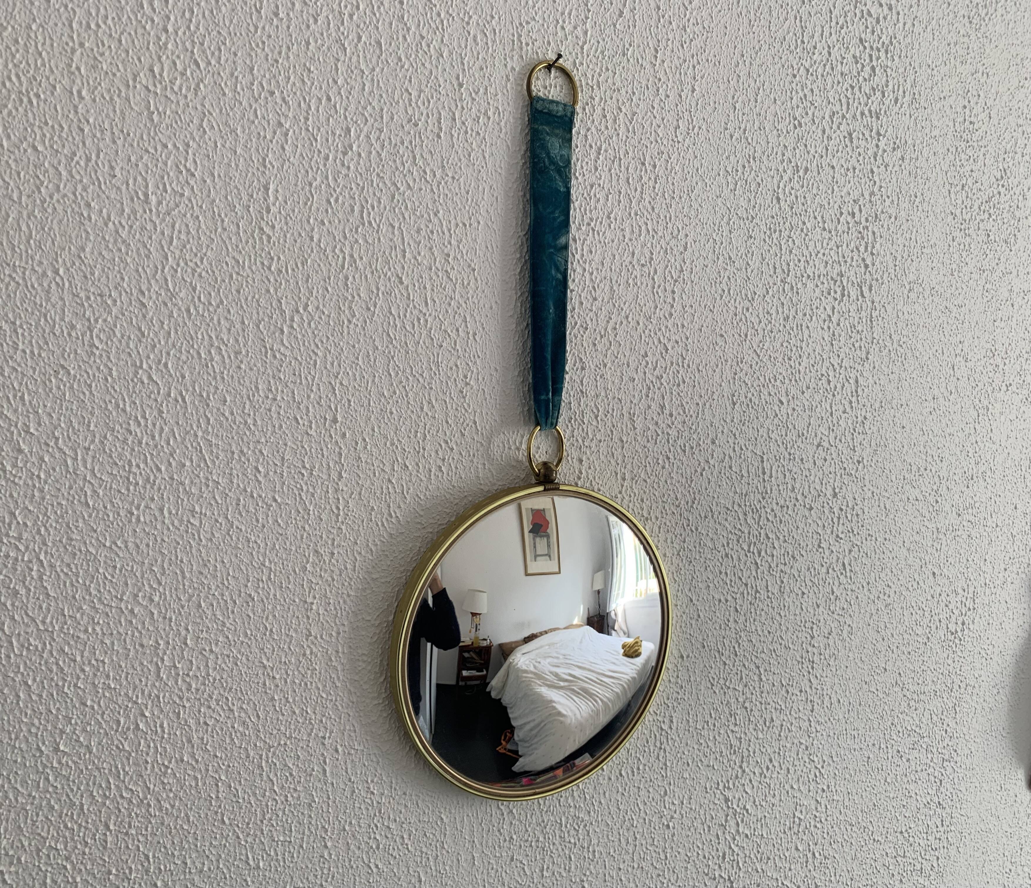 Vintage 1960s witch's eye mirror, turquoise velvet, sunburst effect - 24 x 54 cm