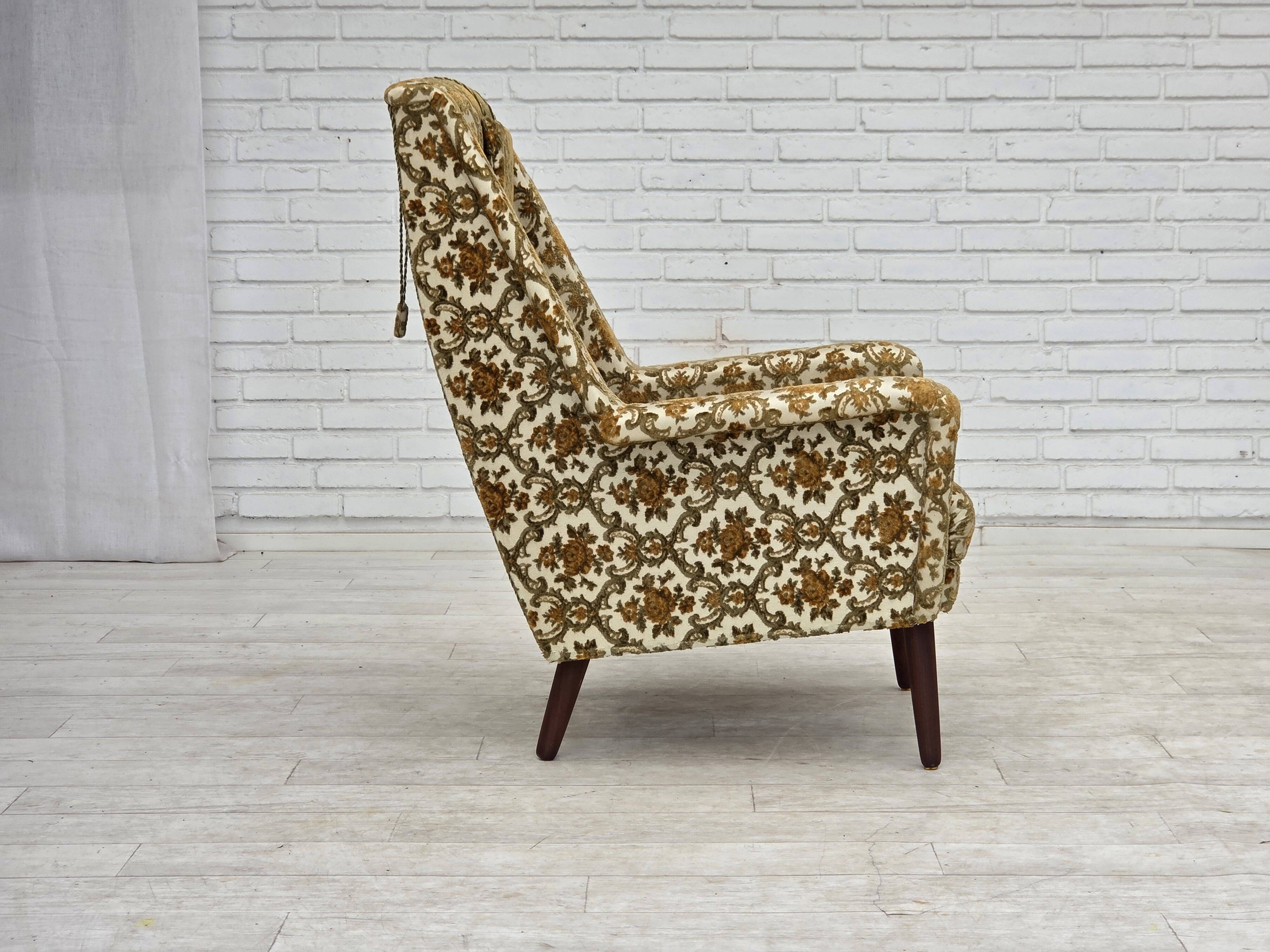 1970s, Danish highback armchair, Brown/beige furniture fabric, teak wood.