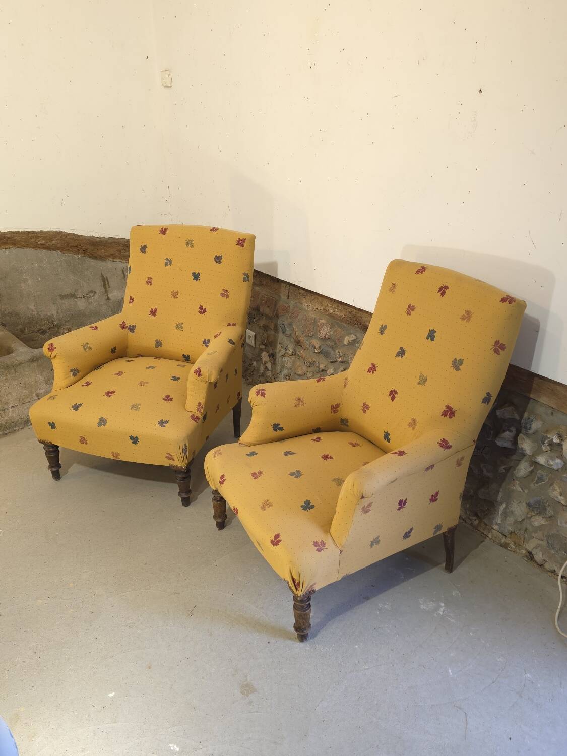 Pair of light mustard yellow English armchairs