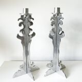 Pair of vintage sculpted chrome metal brutalist candlesticks - 1970s