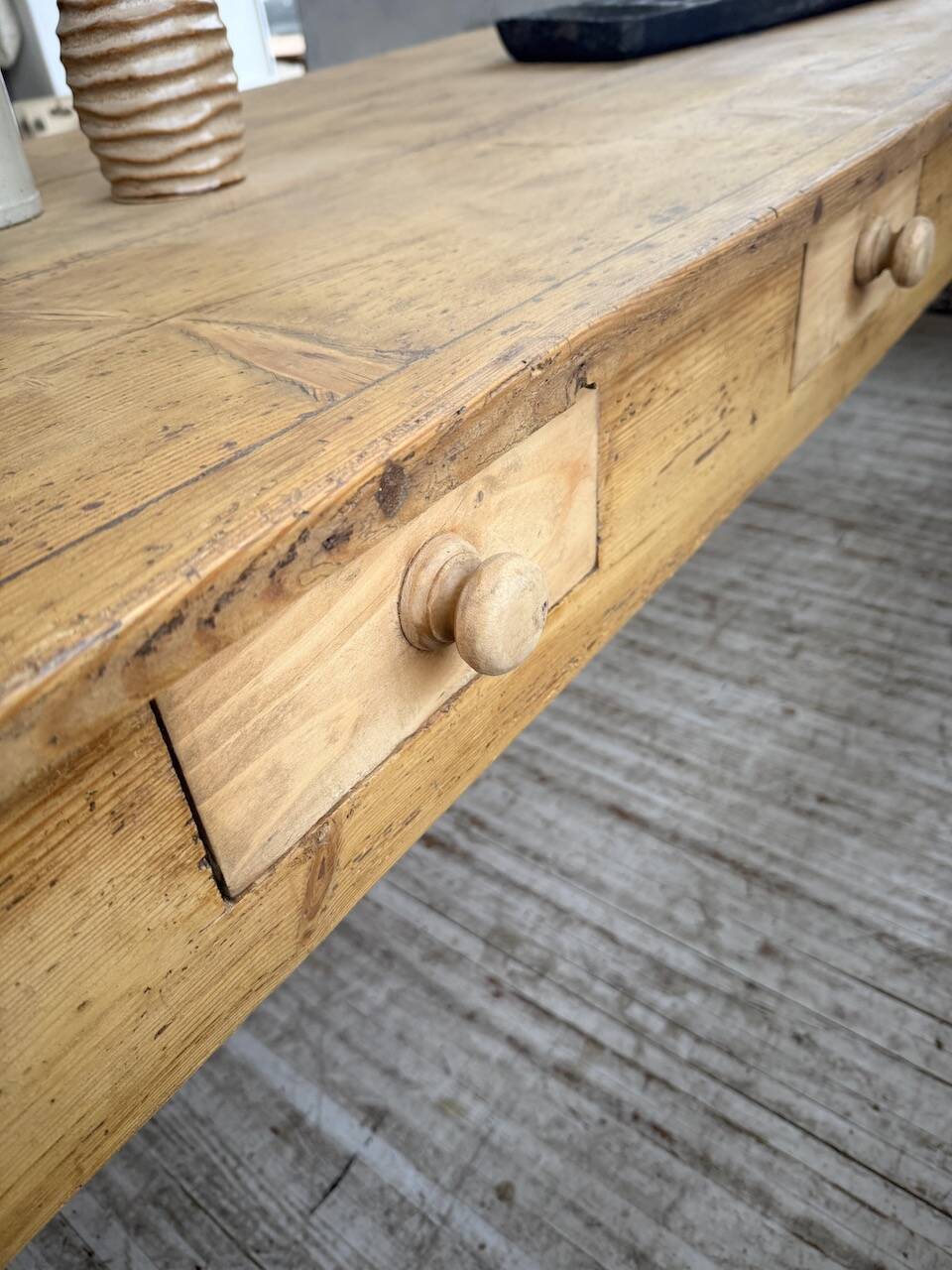 Pine and oak farmhouse table with multiple drawers, communal type, 240cm.