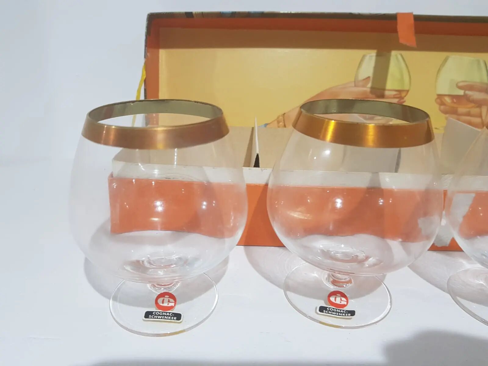 Set of 6 cognac glasses, clear glass, gilding / Austria / 1960s.