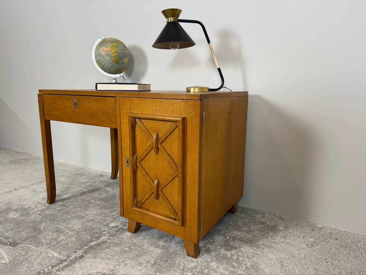 Vintage 1950s honey oak desk - tapered legs - unique piece