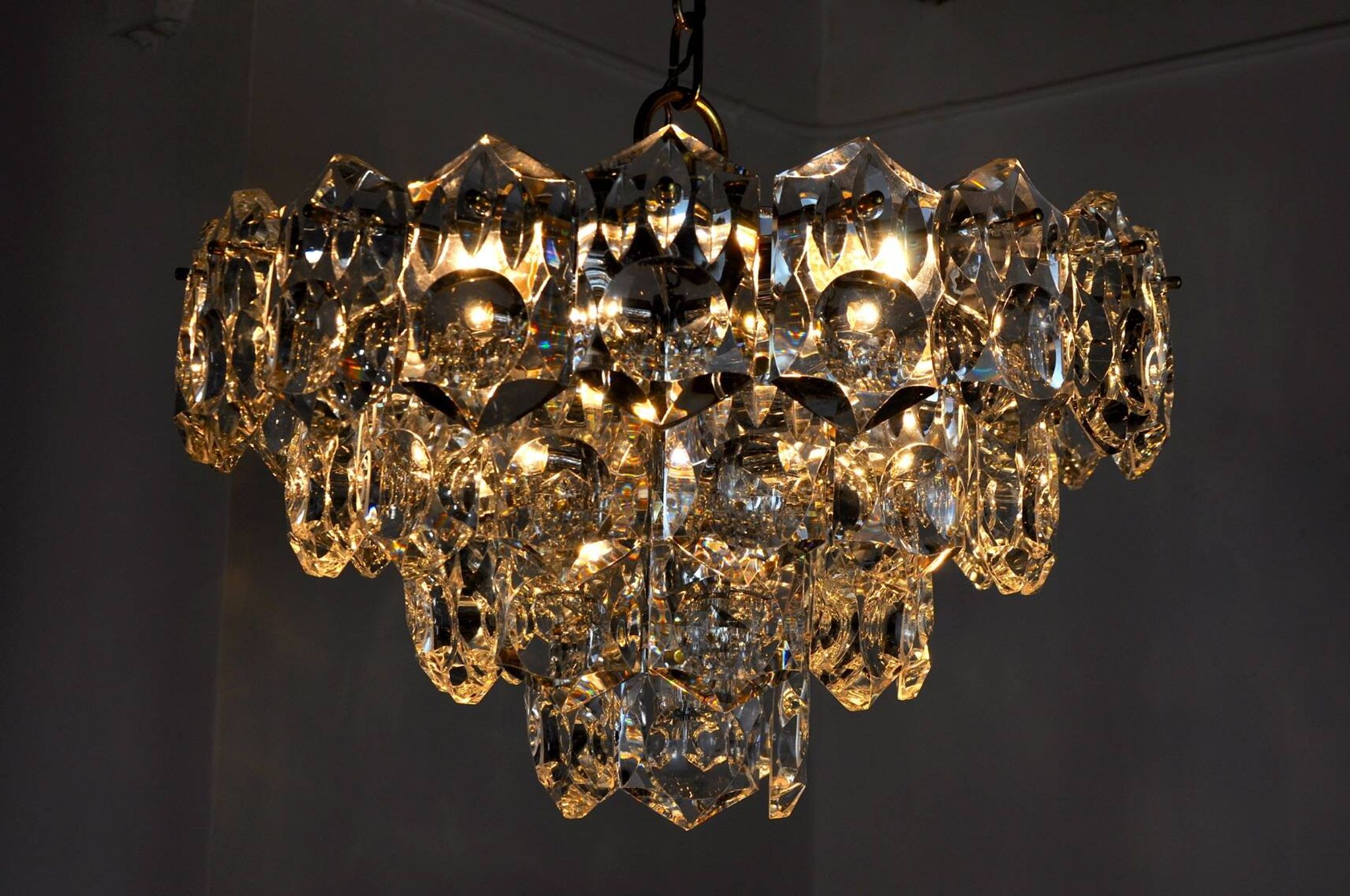 Kinkeldey golden chandelier, cut glass, 4 levels, Germany, 1970