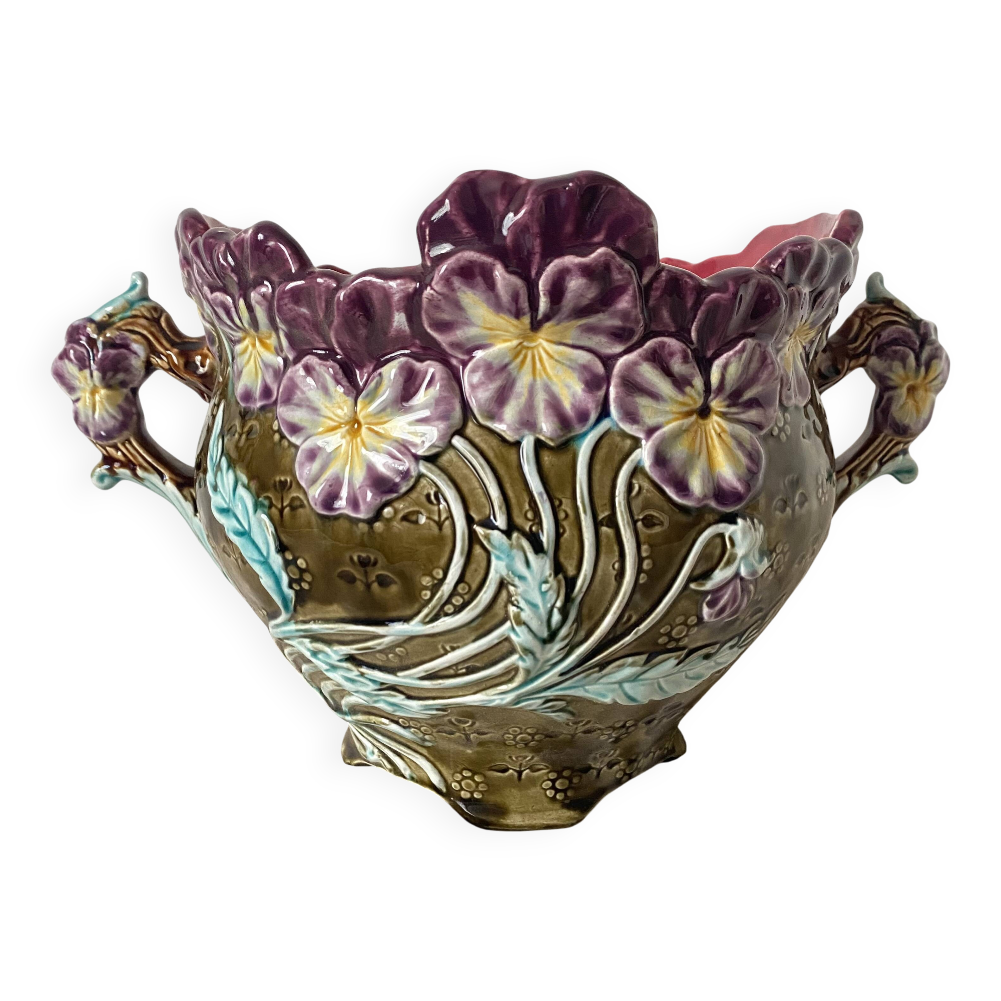 Art Nouveau earthenware cachepot, Onnaing pansies