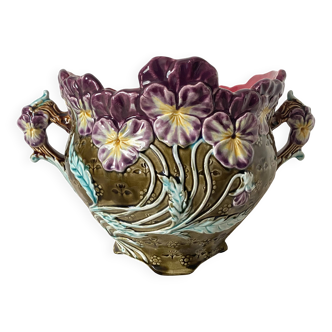 Art Nouveau earthenware cachepot, Onnaing pansies