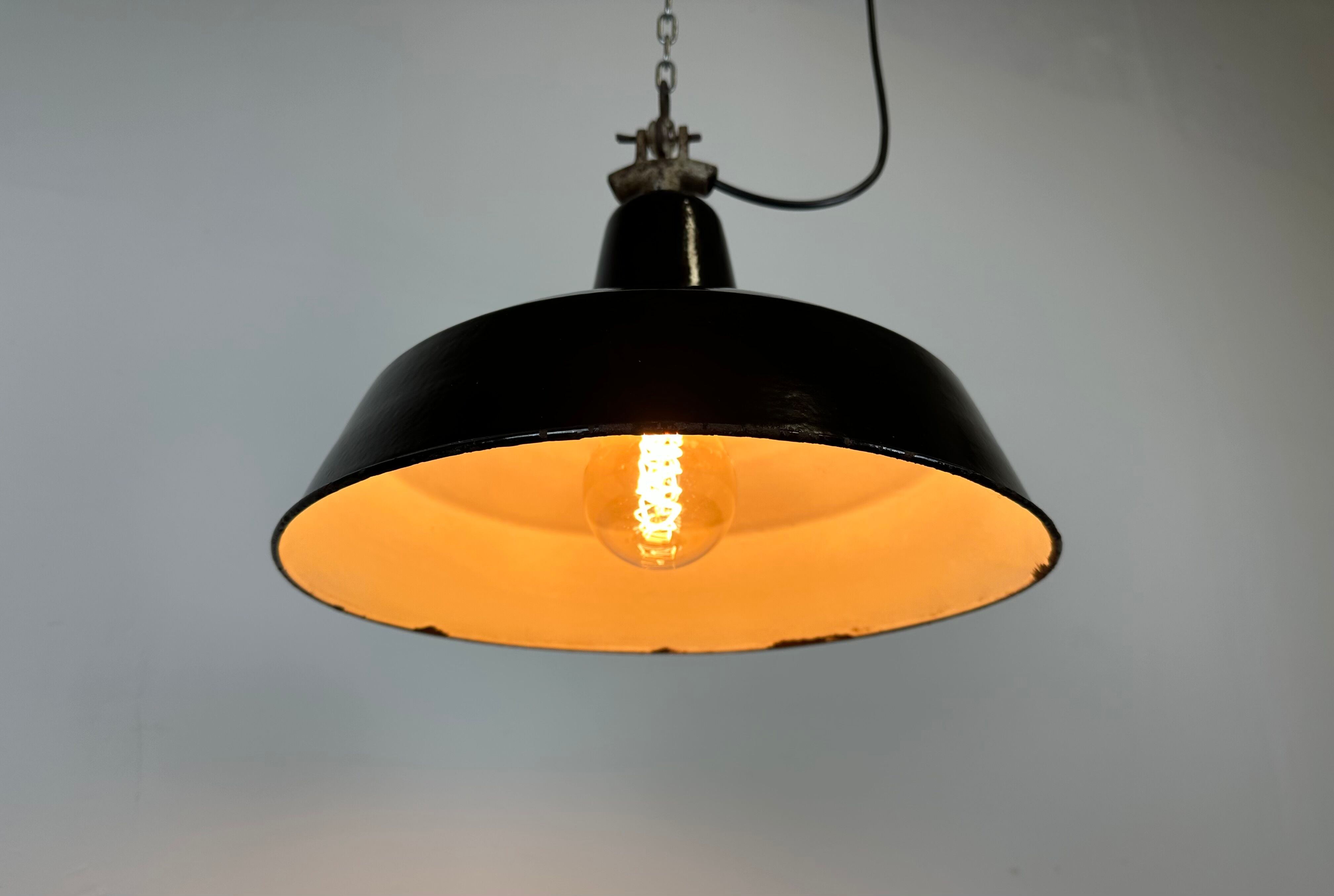 Industrial Black Enamel Factory Lamp with Cast Iron Top, 1950s