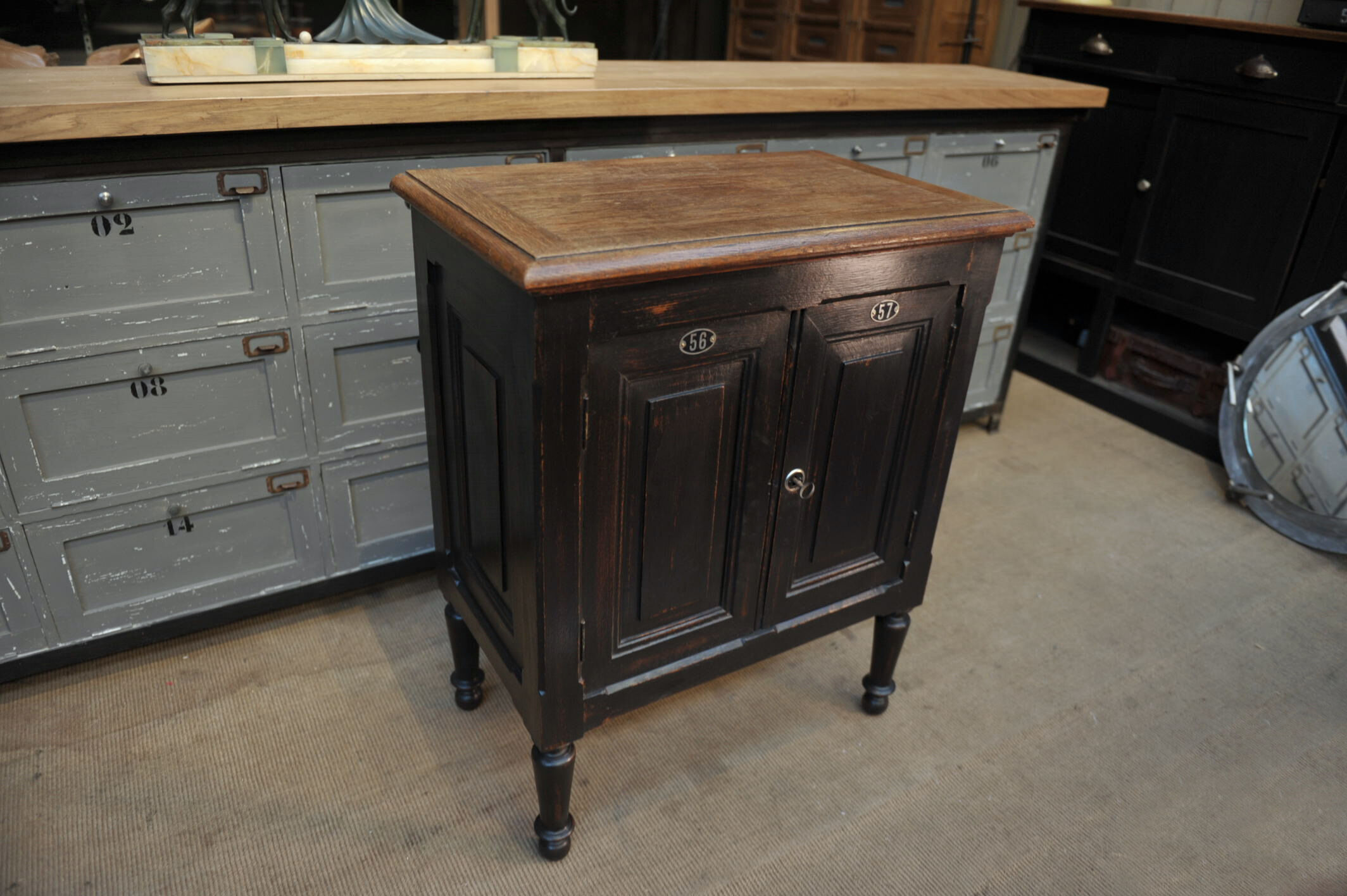 1930s Oak furniture with 2 black patinated doors.