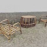 Paire de fauteuil en rotin et sa table ovale vintage