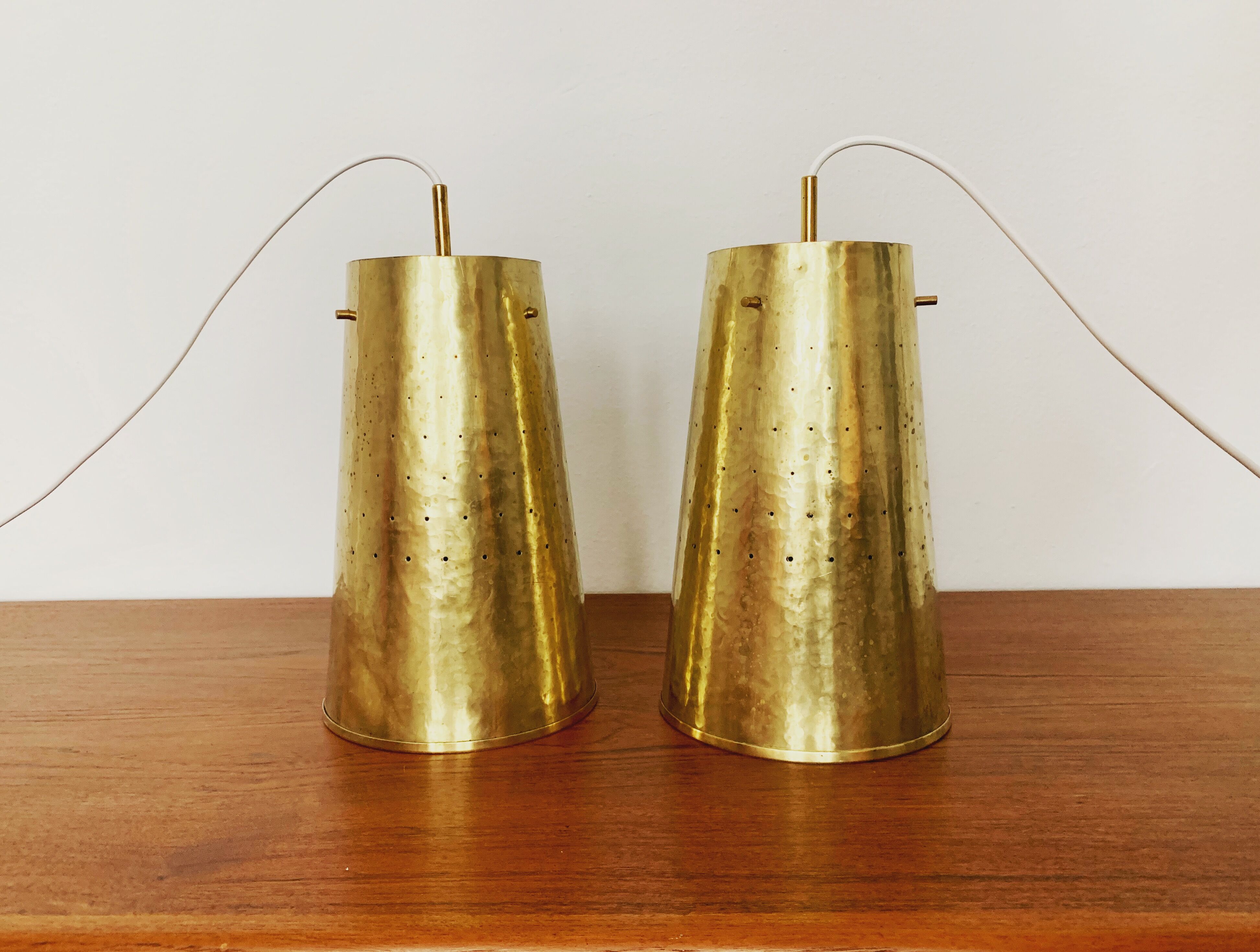 Set of 2 large Mid Century Modern perforated brass pendant lamps
