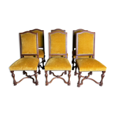 Suite of 6 chairs walnut and yellow velvet louis XIV style