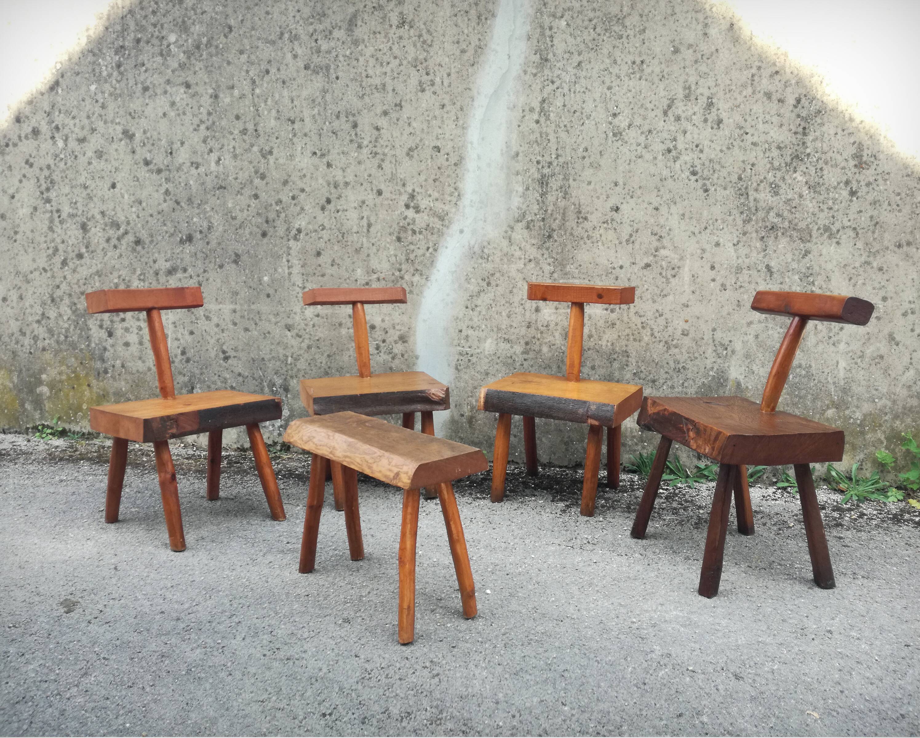 Set of four brutalist chairs and a bench, France, 1960s