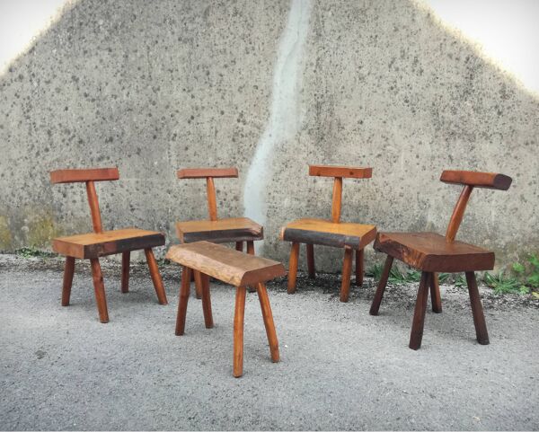 Suite de quatre chaises et un banc brutalistes, France, années 60