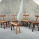 Set of four brutalist chairs and a bench, France, 1960s