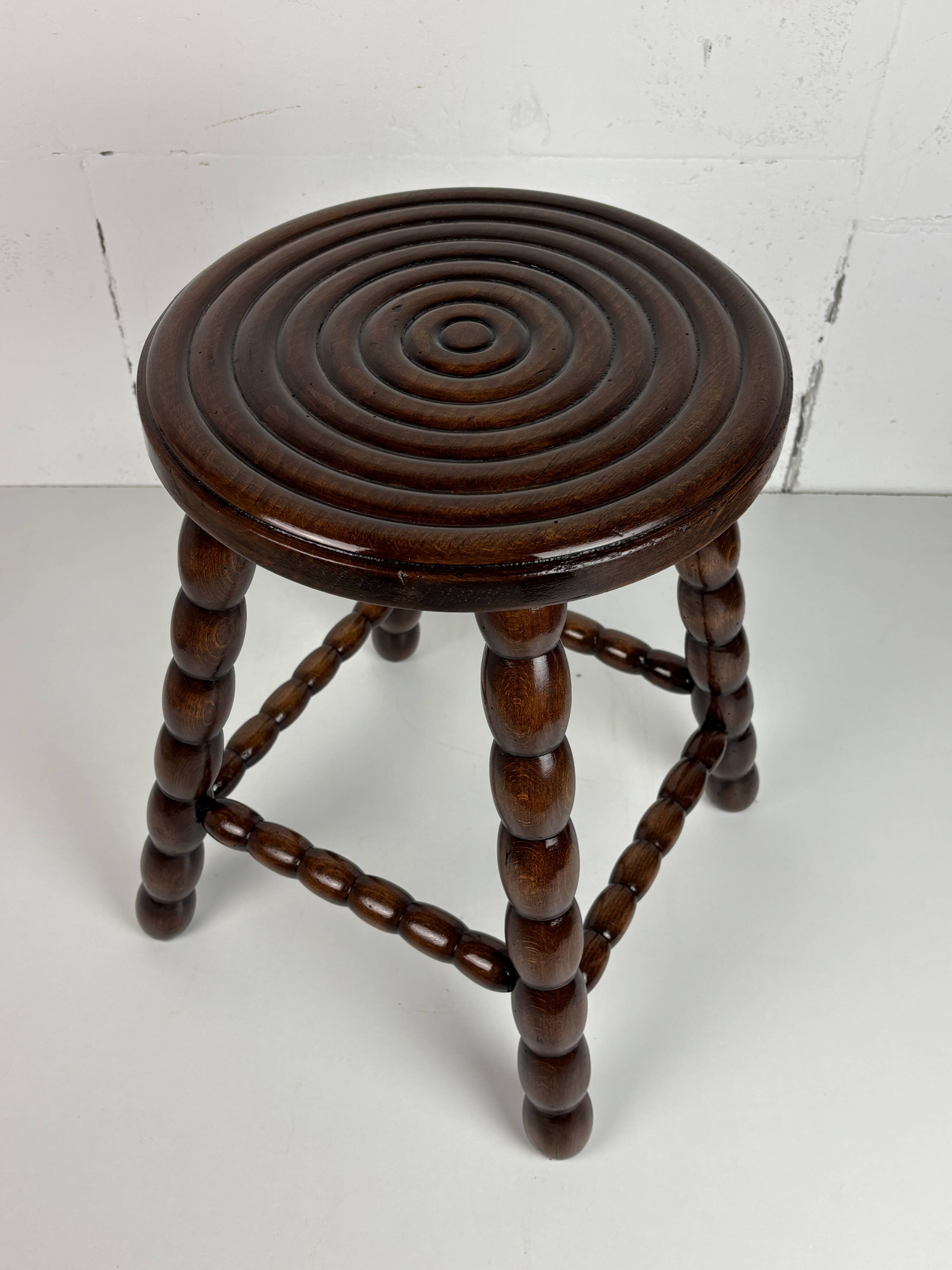 Midcentury bobbin wood turned stool, Charles Dudouyt style, France, 1950s