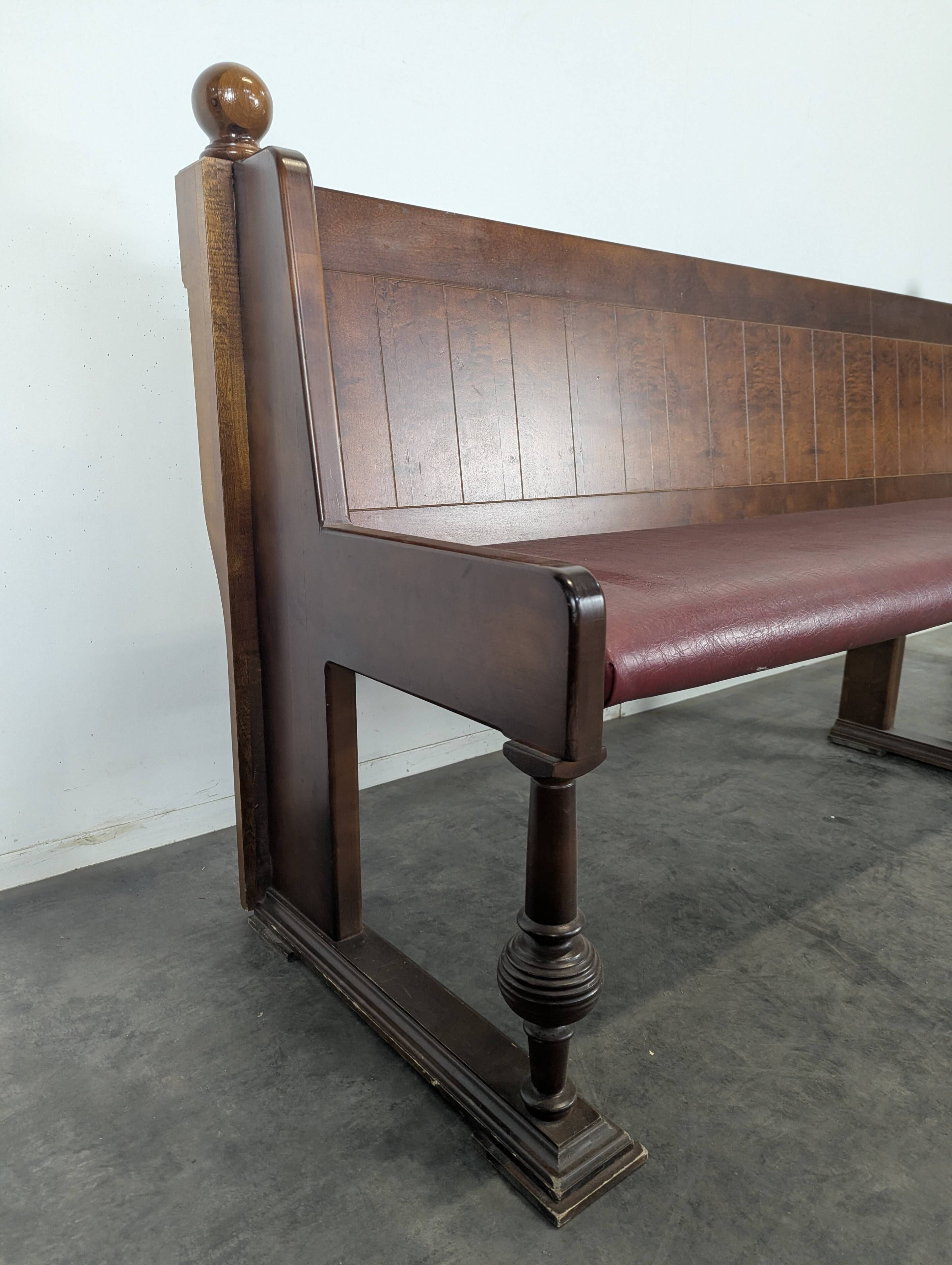 Art Deco brasserie bench in oak and bordeaux leatherette seat 220 cm