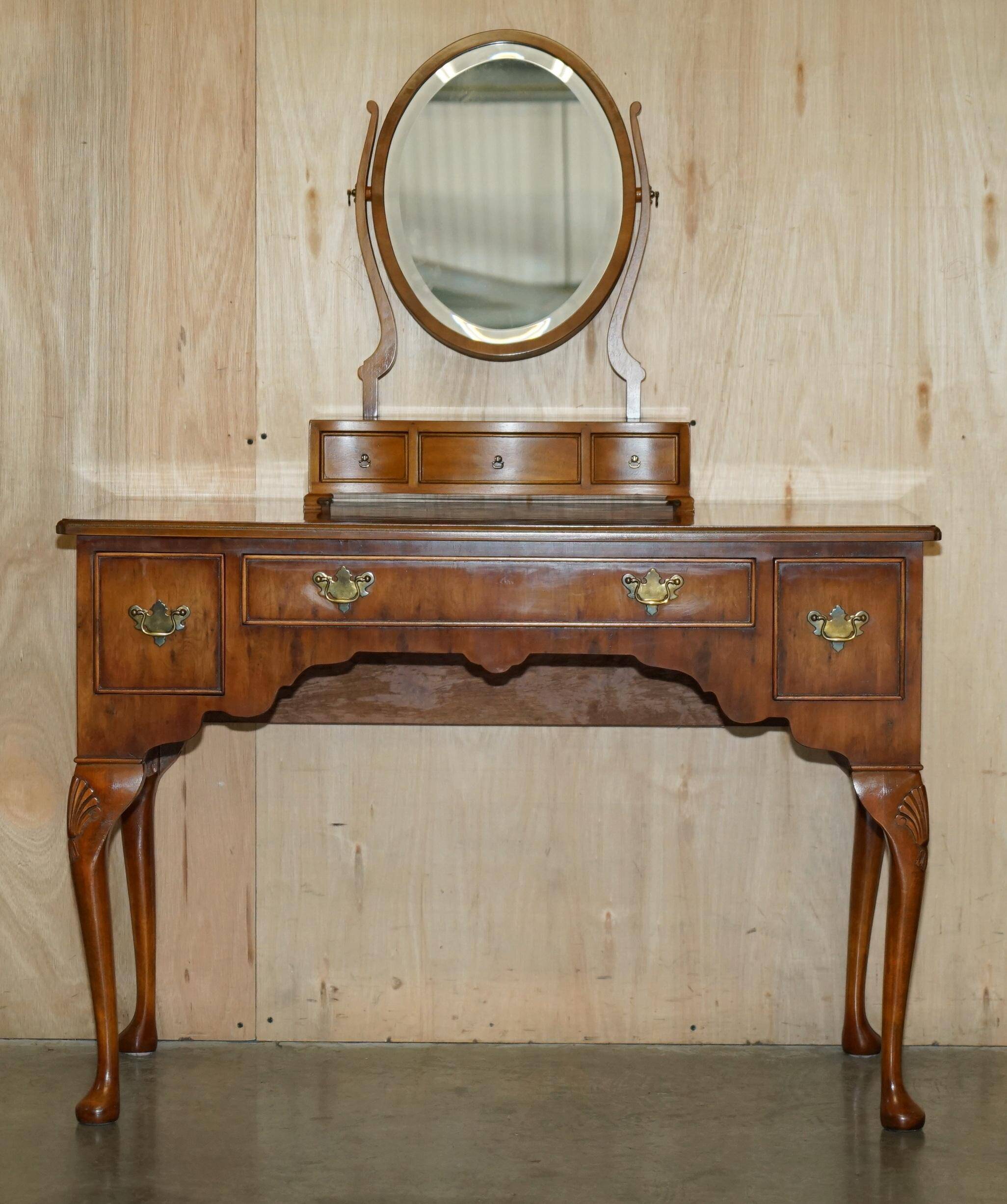 Vintage English walnut burr dressing table with mirror and chair.
