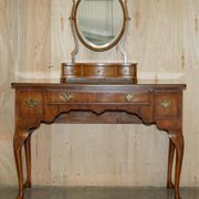 Vintage English walnut burr dressing table with mirror and chair.