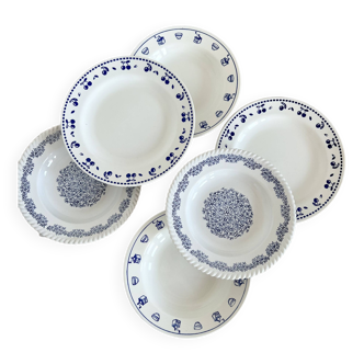 6 assiettes vintage dépareillées en porcelaine bleue et blanche