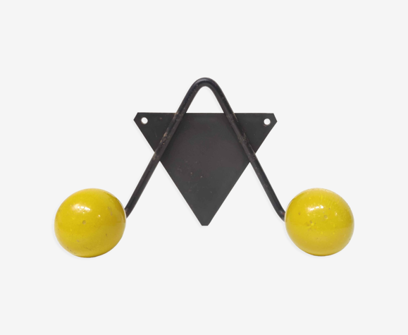 Coat rack V hooks balls yellow wood