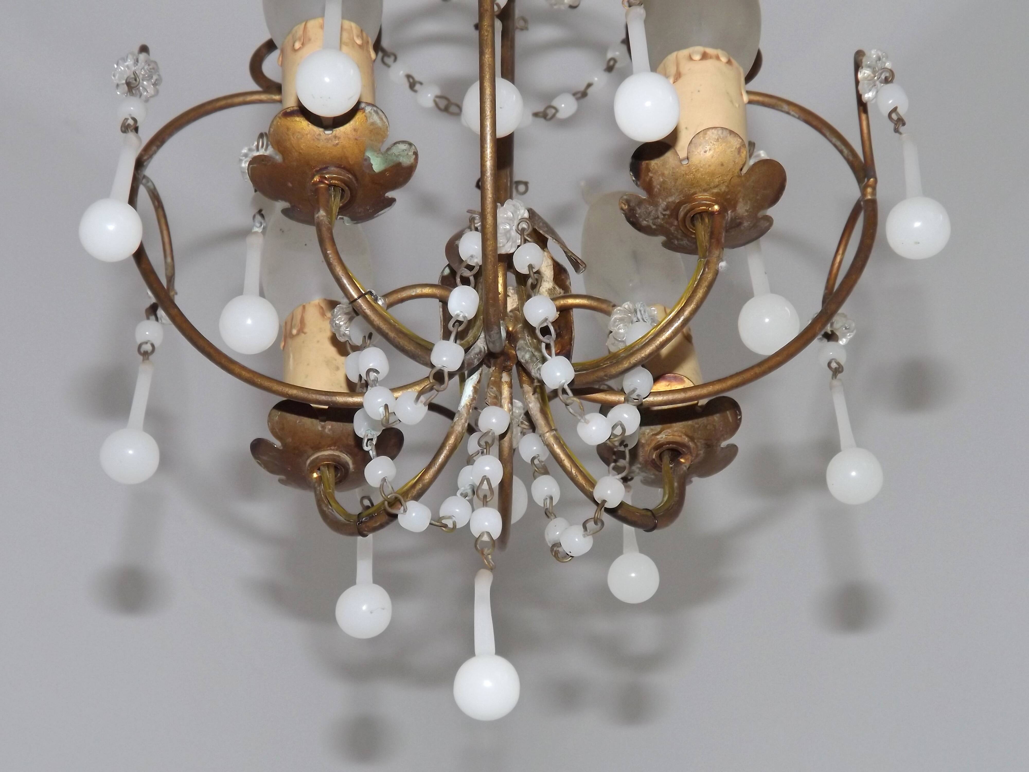 French Vintage 4 Light Metal Cage Chandelier with White Murano Drops and Beads