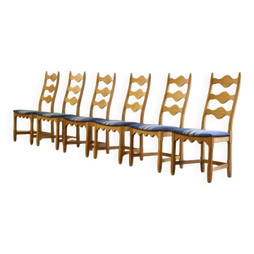 Vintage 1960s Danish Brutalist Oak Ladder Dining Chairs in the style of Kjærnulf