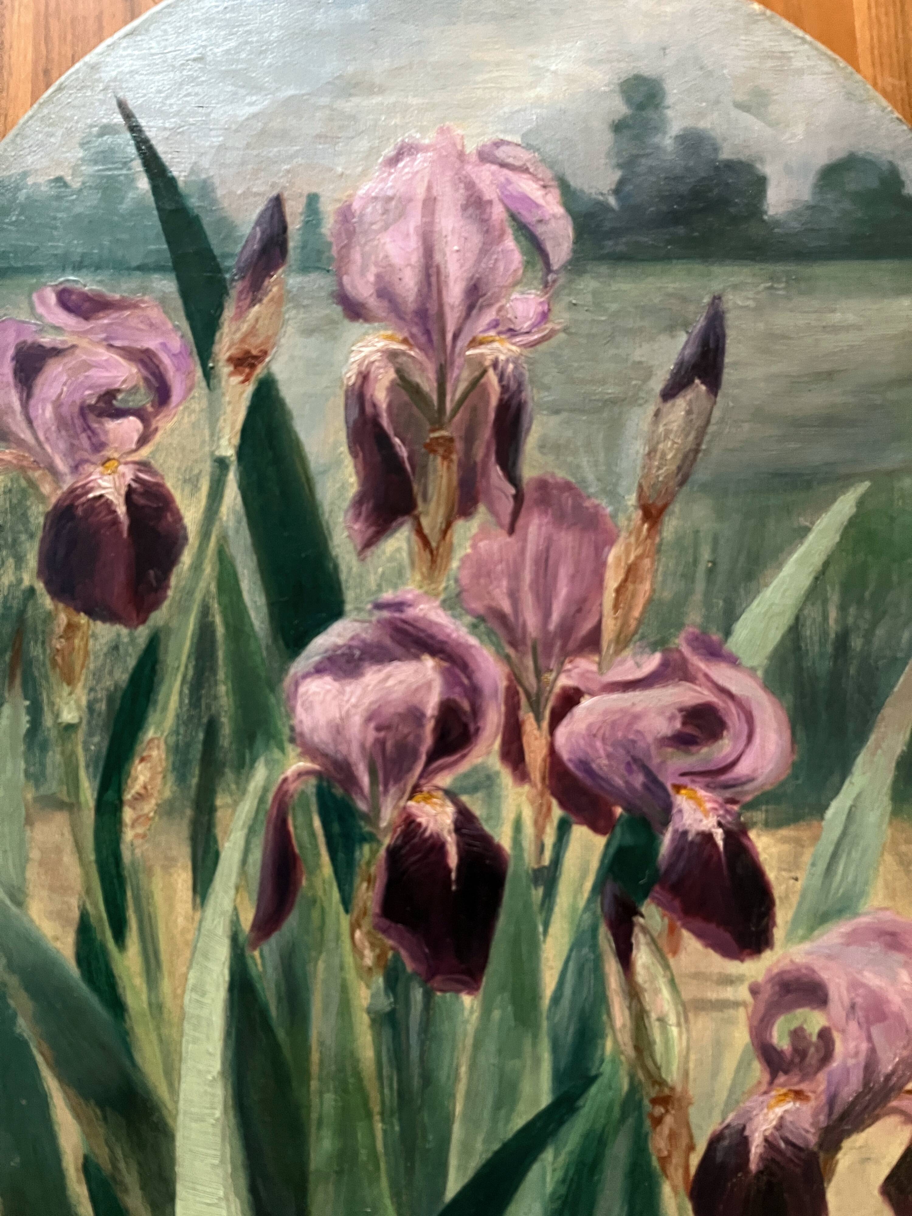 HST painting (oval frame) Iris flowers in a field 19th century