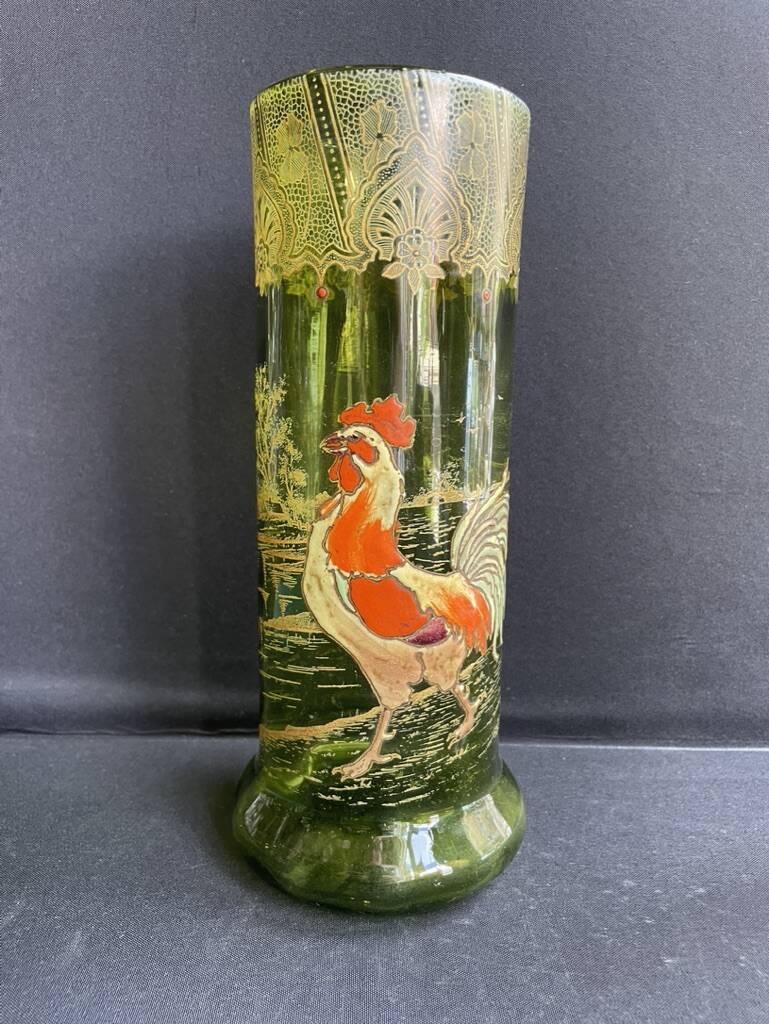 Vase “Nancy with enameled rooster” antique green FT Legras