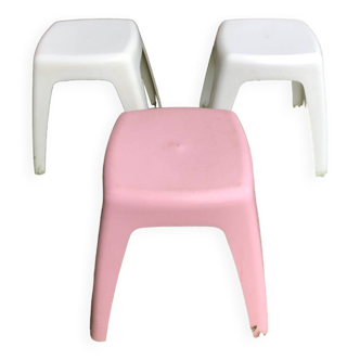 Series of 3 old vintage white & pink plastic stools