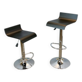 2 height-adjustable bar stools, chrome and curved plywood, 70s, vintage