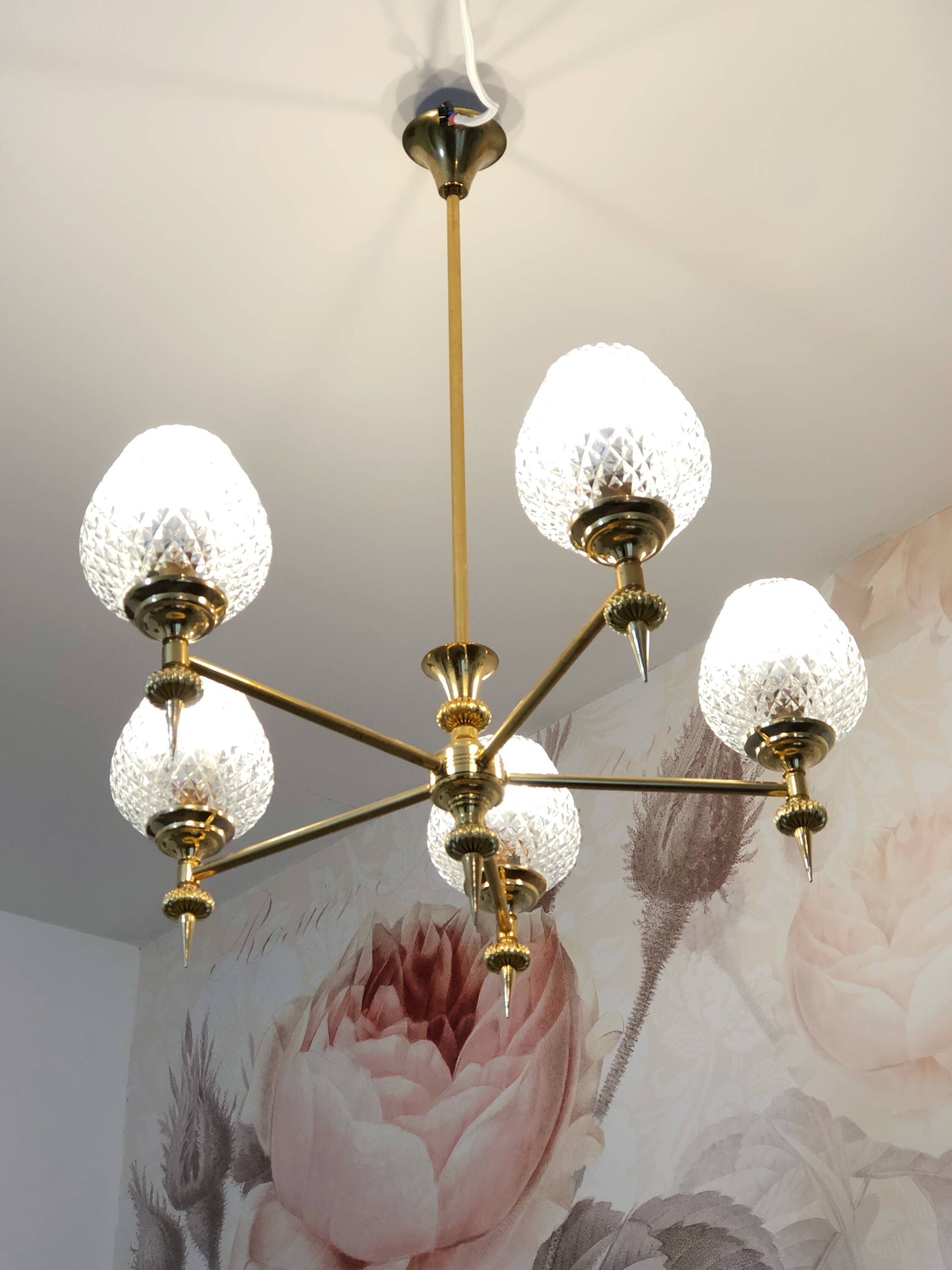 Vintage 5-light chandelier in glass and brass