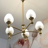 Lustre 5 feux vintage en verre et laiton