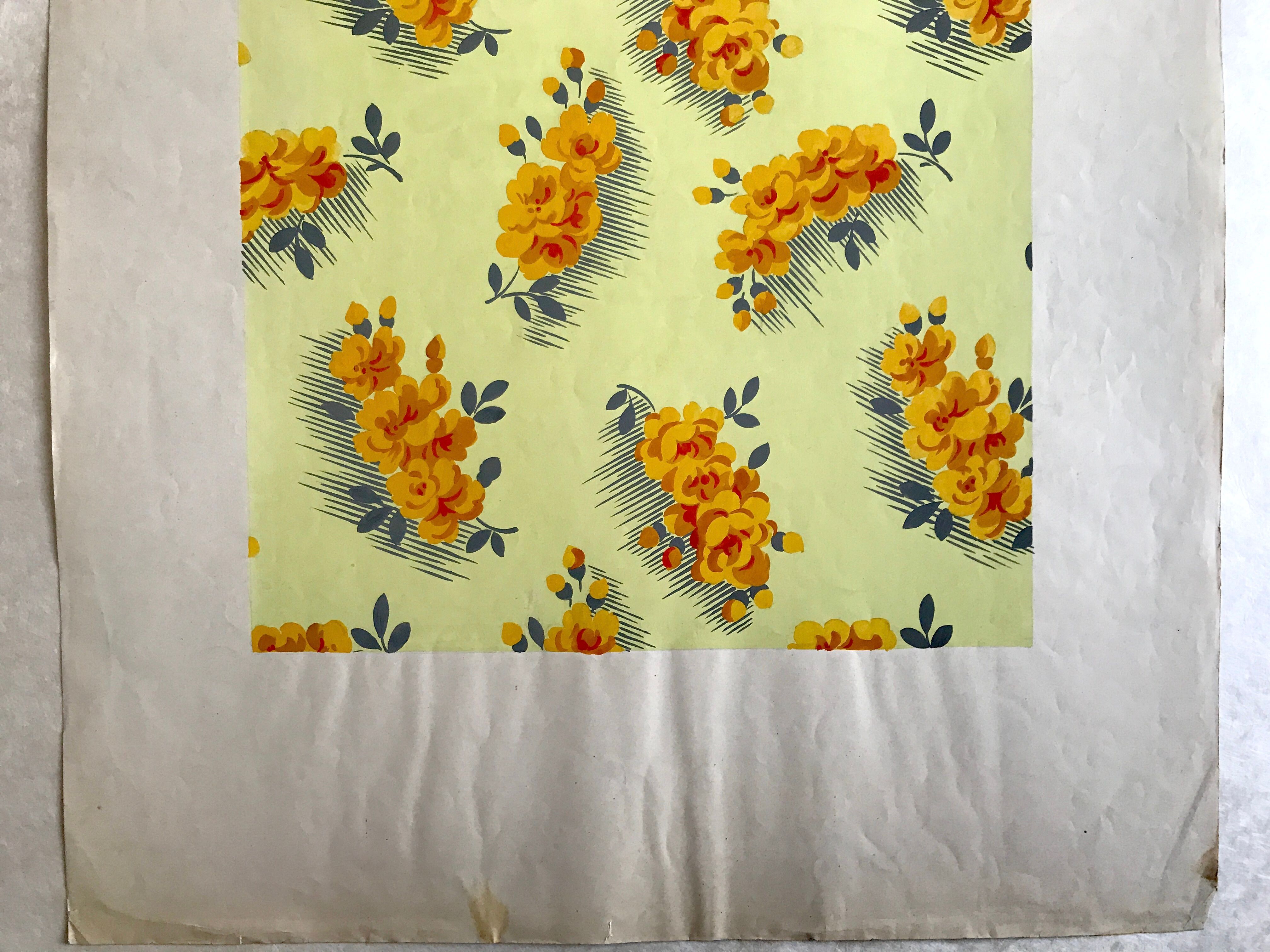 Original gouache on paper from Editions JEHLEM, floral decoration (yellow), twentieth century, Paris