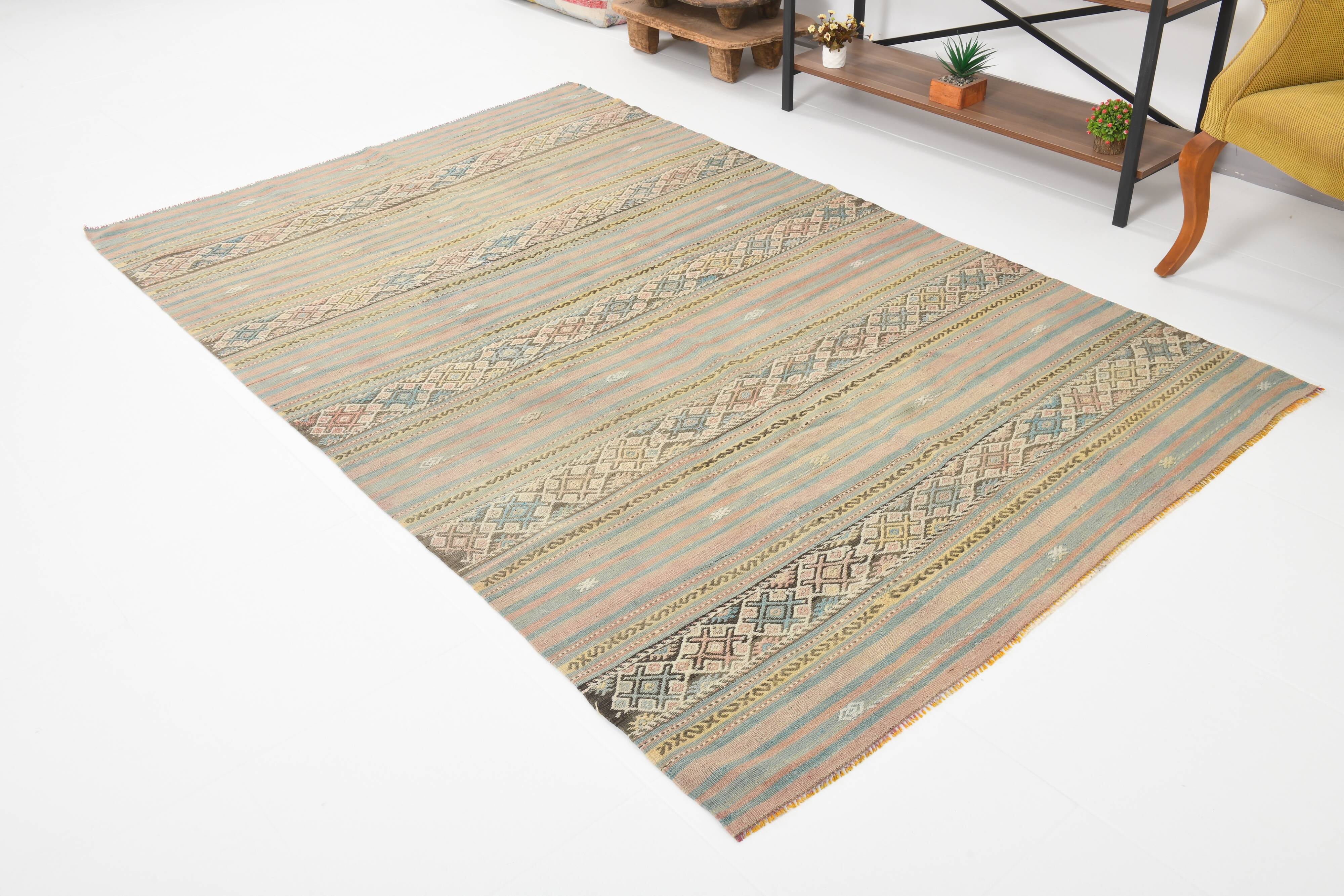 Tapis Kilim fait main rouge clair bleu 5x7 158x247 cm