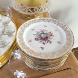 Set 12 assiettes dessert porcelaine fleurs et dorure