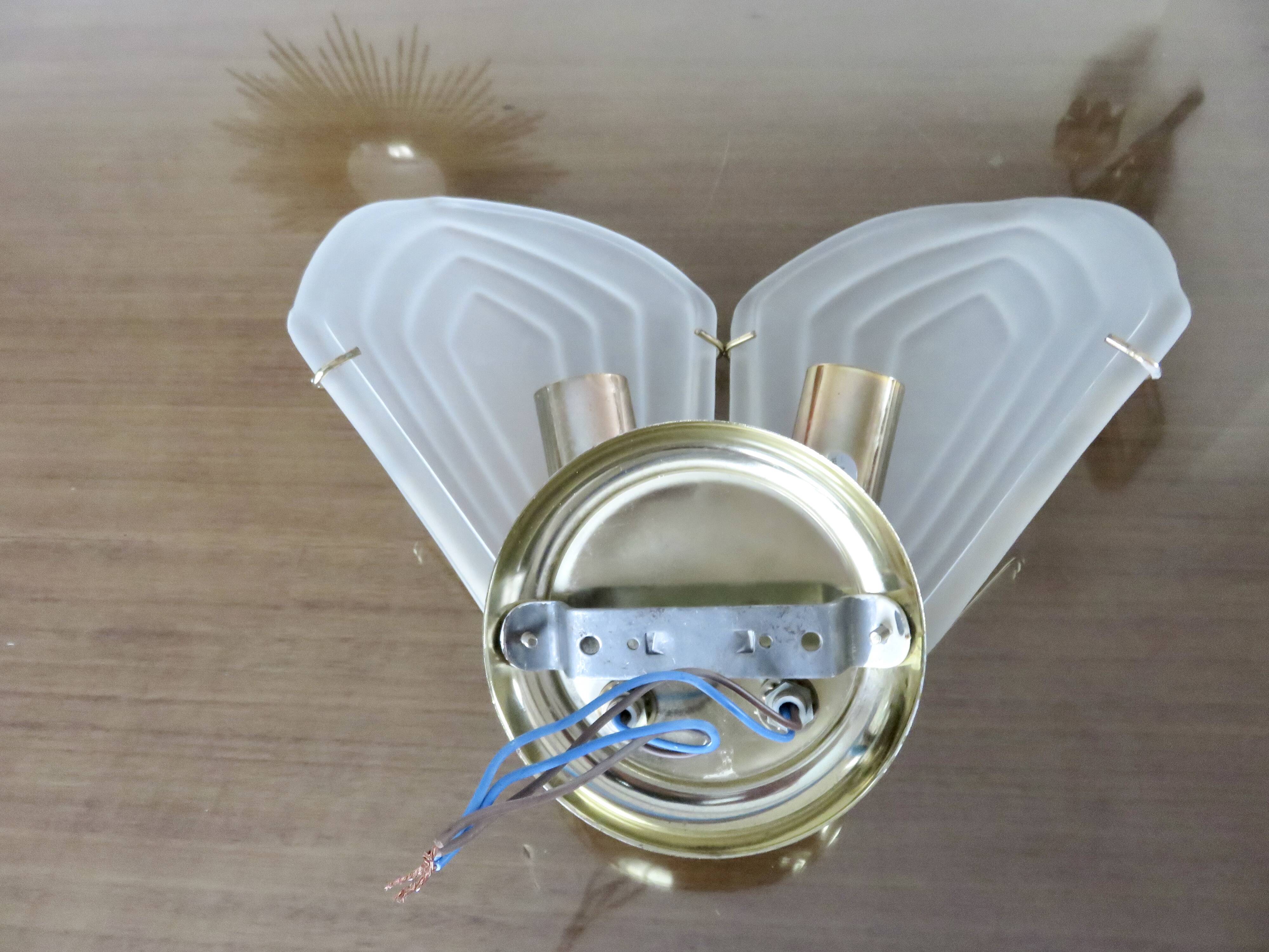 Double wall lamp in frosted glass and gold metal from the 70s