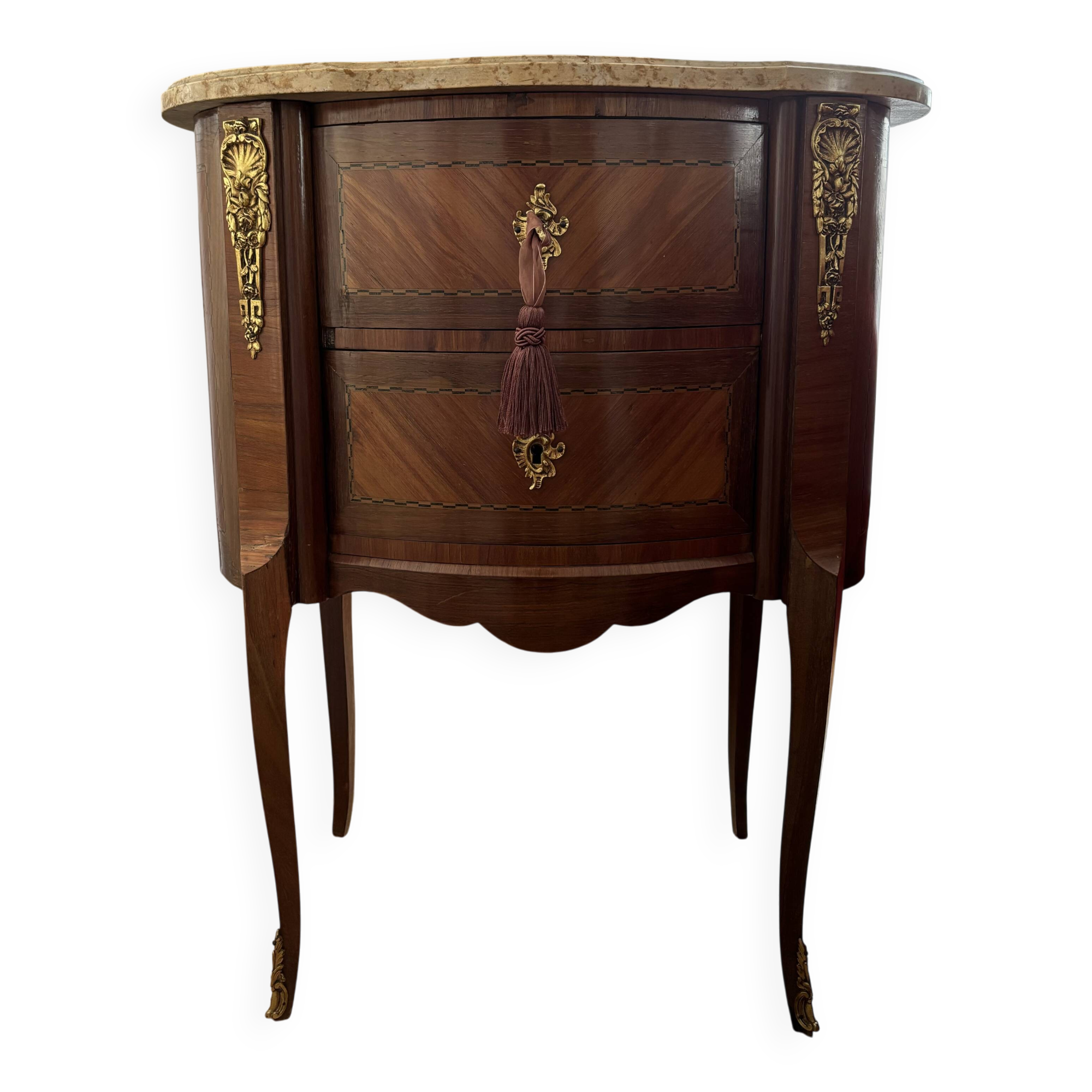 Louis XV chest of drawers in marquetry and gilded bronze, marble top