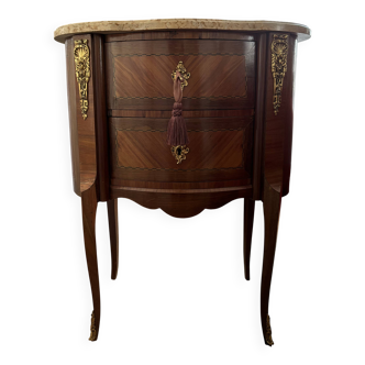 Louis XV chest of drawers in marquetry and gilded bronze, marble top