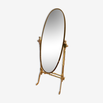 Vintage Italian Brass Standing Cheval Mirror with Oval Frame, 1960s