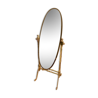 Vintage Italian Brass Standing Cheval Mirror with Oval Frame, 1960s