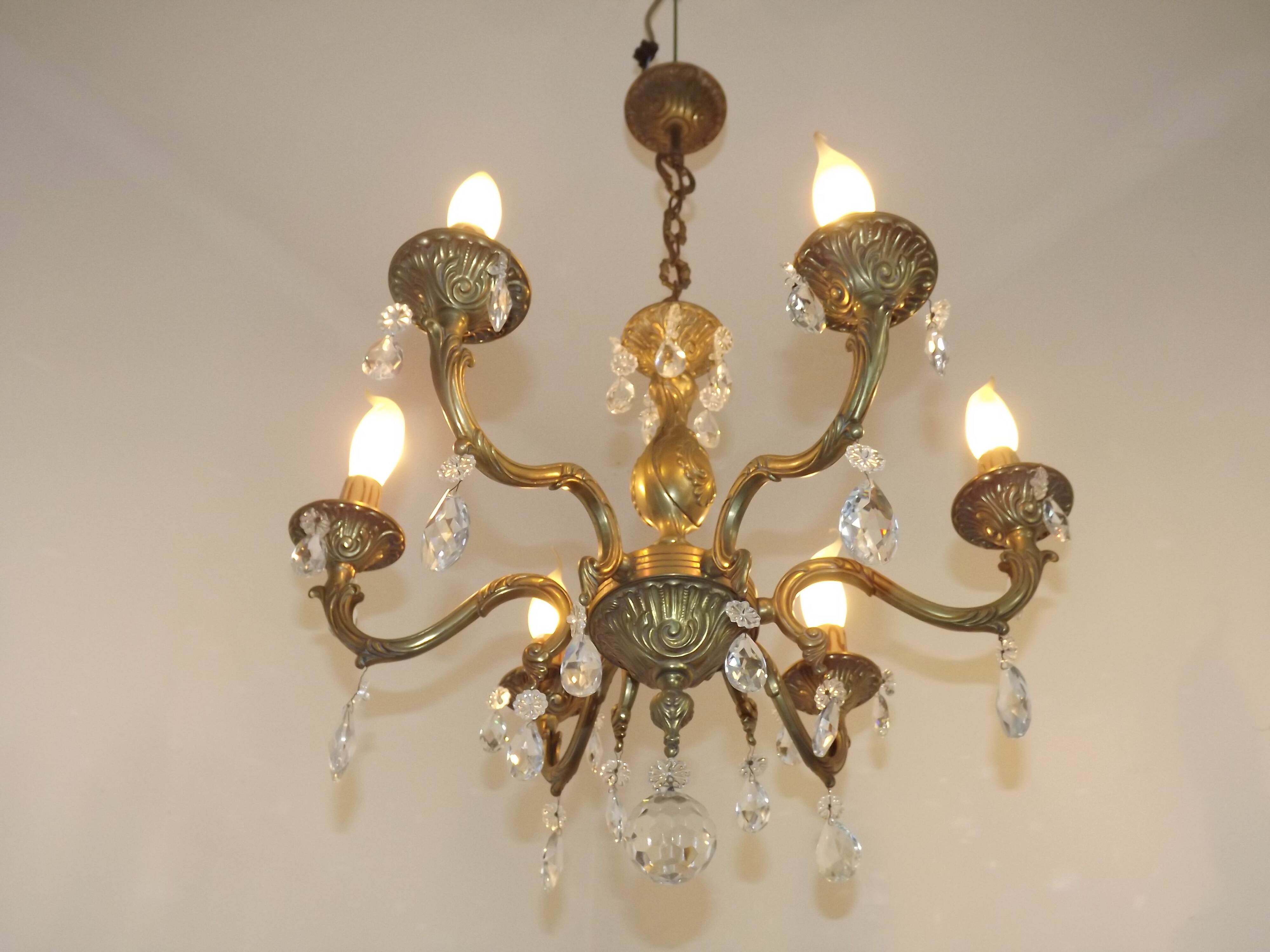 French Mid-Century Bronze 6-Light Chandelier with Crystal Droplets 5491