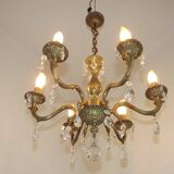 French Mid-Century Bronze 6-Light Chandelier with Crystal Droplets 5491