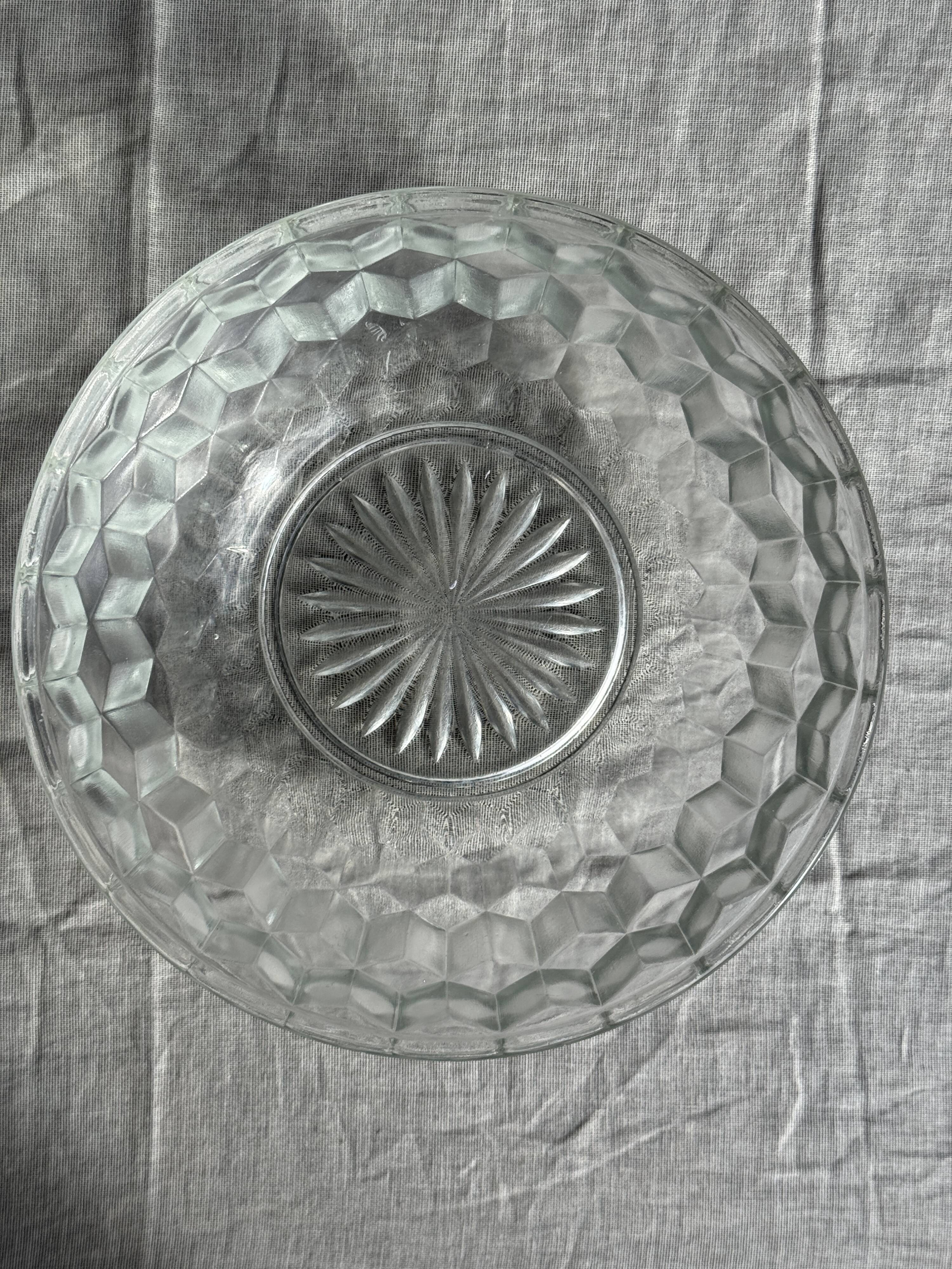 Small vintage glass bowl with a cube pattern.