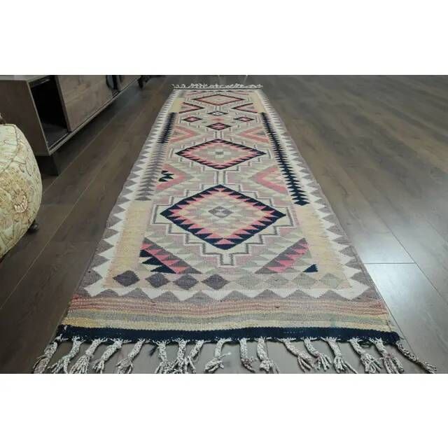 1970s Vintage Turkish Oushak Handmade Wool Cotton Purple Runner Rug 100x326