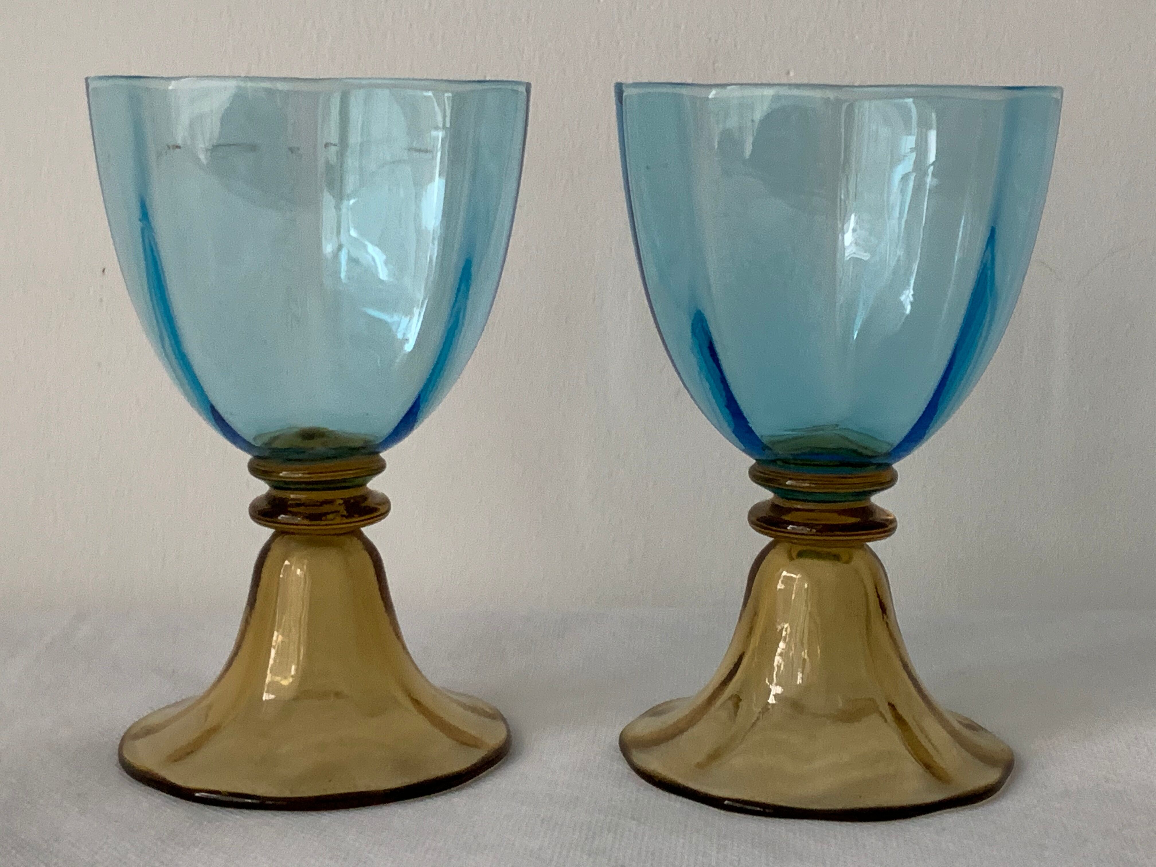 5 glasses in amber and blue crystal George Sand diabolos 19th century