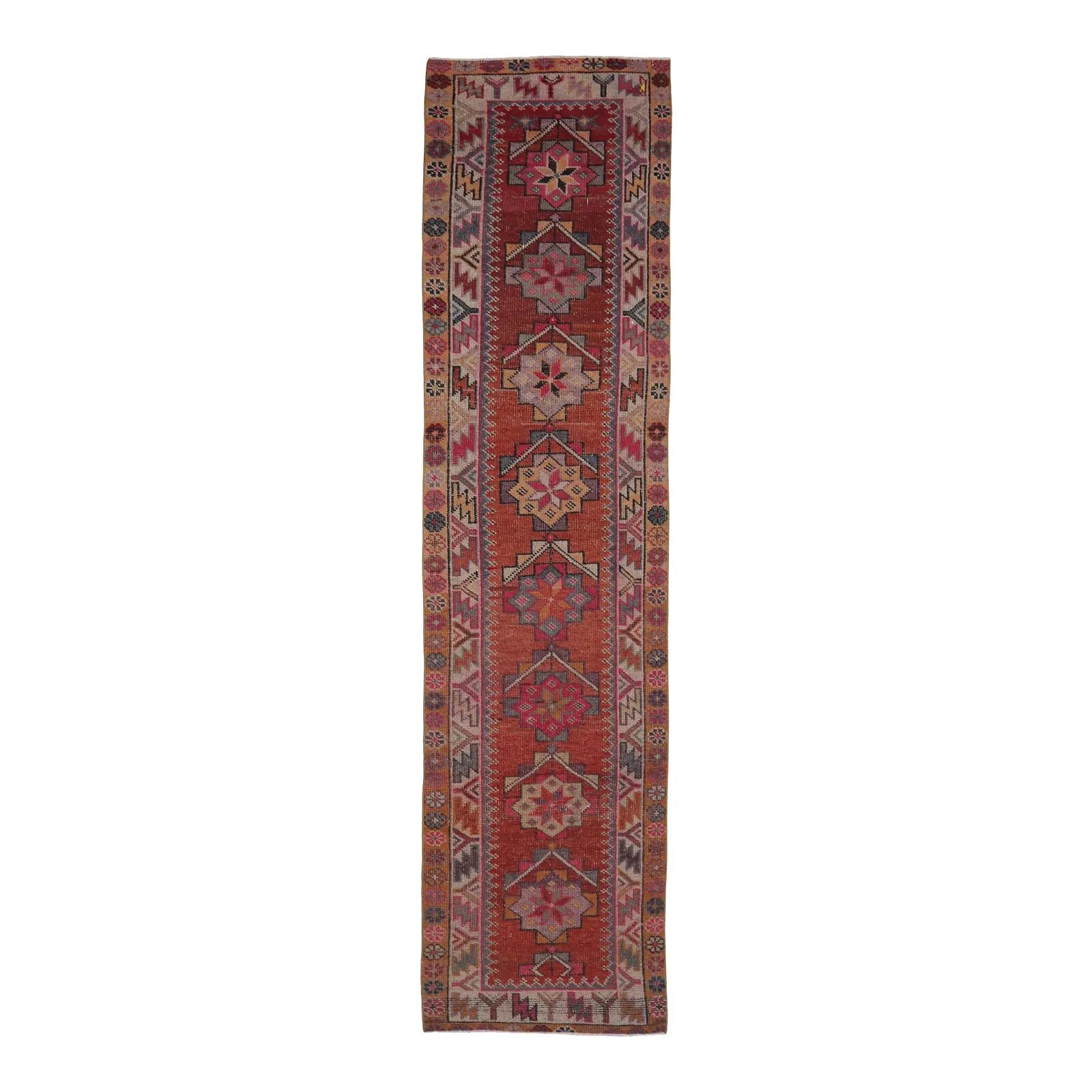 Vintage Turkish hand-knotted wool cotton red runner rug 83x362